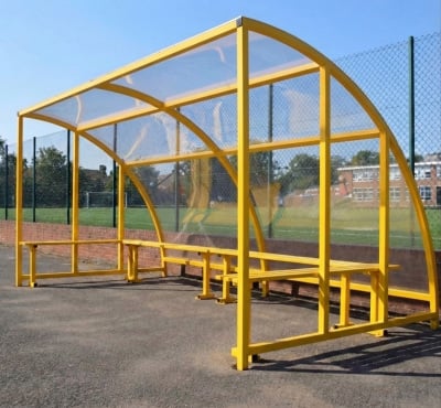 BDS Sports Shelter is a weather-proof durable team shelter with steel frame and polycarbonate sides, with seating.