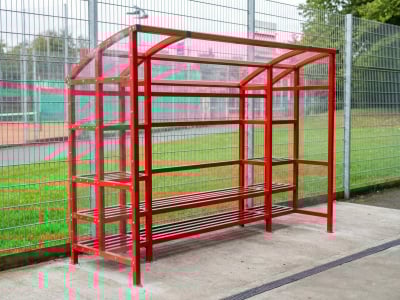 Durham team sports shelter with steel frame, polycarbonate sides and bench seating