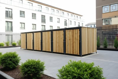 Multi bin storage shelter with wooden panels